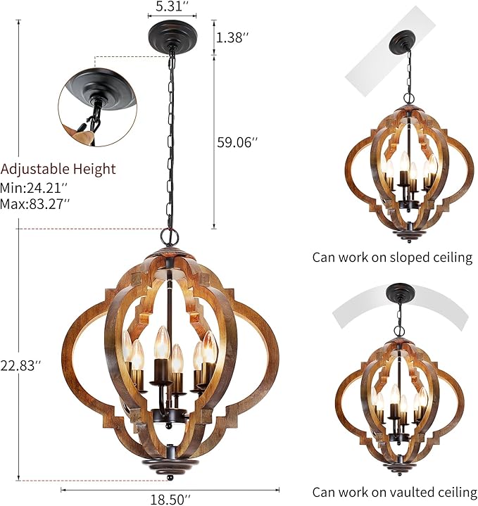 18.5" Farmhouse Chandelier for Dining Room, 6-Light Farmhouse Wood Chandelier, Rustic Dining Room Light Fixture, Rustic Pendant Lighting for Kitchen Island Living Room Bedroom Foyer