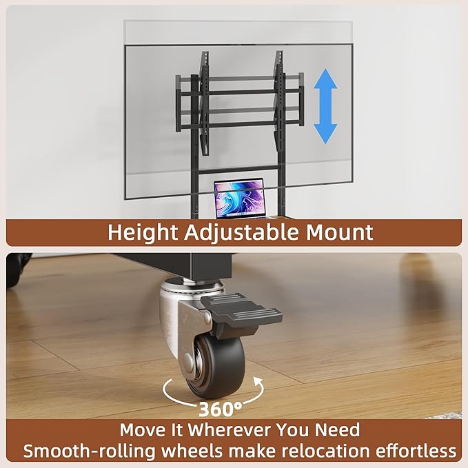 Rolling TV Stand with Wheels and Mount & Fabric Drawer for 32-75" TV - Entertainment Center with Power Outlet and Small TV Stand for Bedroom, Living Room - 18" Rustic Brown (VESA 600mm × 400mm)