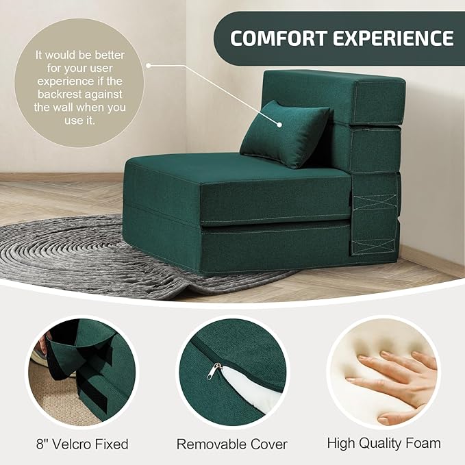 SUYOLS Folding Sofa Bed with Pillow- Convertible Chair Floor Couch & Sleeping Mattress, Foldable Memory Foam Sleeper for Living Room/Dorm/Guest Room/Home Office/Apartment/Loft, Single28, Dark Green