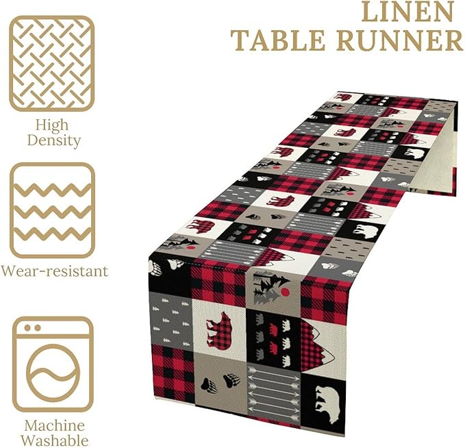 Vintage Rustic Table Rustic Cabin Red Brown Bear Retro Wildlife Farmhouse Theme for Kitchen Dining Room Holiday Party Family Gatherings Decor 13x70in