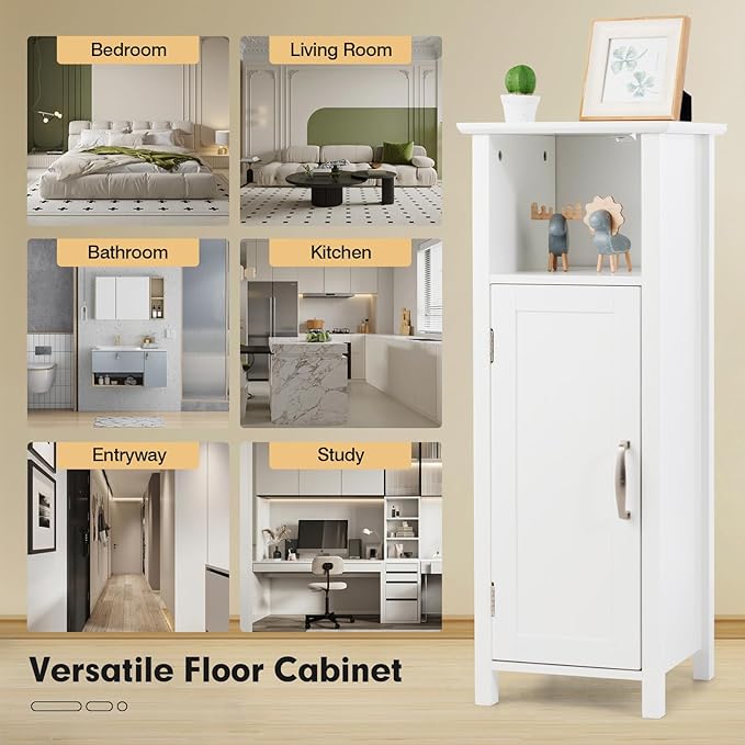 LDAILY LUARANE Wooden Bathroom Floor Storage Cabinet, Side Storage Organizer Cabinet with 1 Door Open Shelf Adjustable Shelves, Small Free Standing Sideboard for Entryway Living Room Kitchen (White)