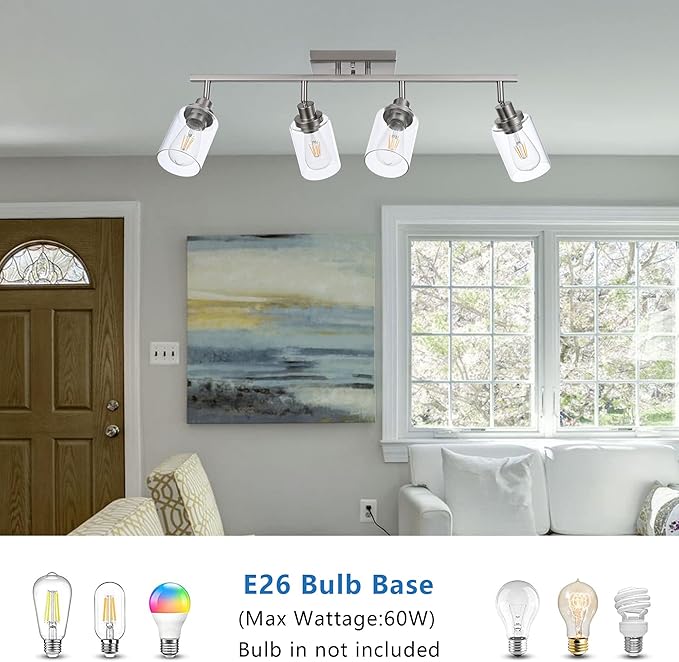 MELUCEE 4 Light Track Lighting Kit Bathroom Vanity Light Fixtures Brushed Nickel Ceiling Spotlight Fixture for Hallway Porch Foyer Bath Storage, Clear Glass Shade