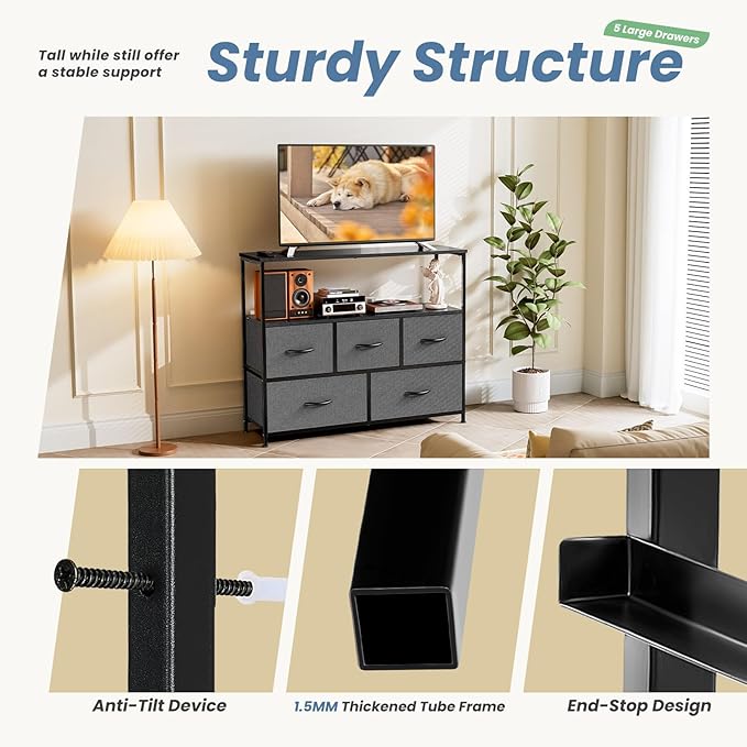 NEWBULIG 5 Drawer TV Stand with Wood Top, Entertainment Center for 45 inch TVs & Fabric Storage Organizer, Adjustable Feet, for Bedroom & Living Room,Grey02