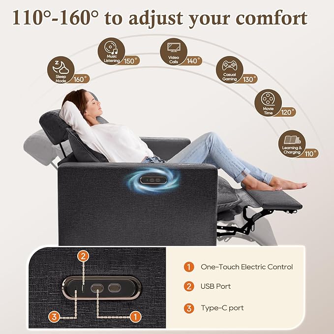 3-Seat Power Reclining Sofa with Under-Seat Storage, USB Ports, Chenille Upholstery, Removable Headrests & Throw Pillows, Power Reclining Couch for Living Room (Grey)
