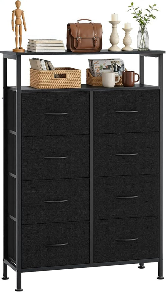 8 Drawers Dresser with Open Shelf, 46" Tall Storage Organizer Chest of Drawer with Wooden Top, Sturdy Metal Frame for Bedroom, Hallway, Living Room, Black