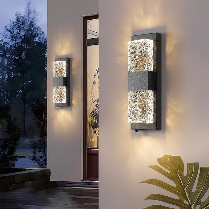 HITTO Dusk to Dawn Outdoor Lighting,Porch Lights Outdoor IP65 Waterproof Exterior Lighting Fixtures 12W LED Ripple Crystal Modern Outside Light for House Hallway Doorway Patio,14.2'' Black, 2PCS