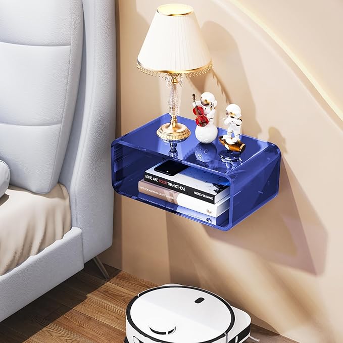 Acrylic Floating Nightstand, Bedside Table, Nightstand Shelf Wall Mounted Bedside Shelf (Dark Blue, Small)