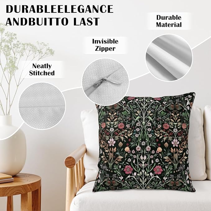 Black Sage Green Floral Pillow Covers 20x20 Set of 2 Vintage Botanica Fern Leaf Throw Pillow Cover Spring Flower Plants Farmhouse Pillowcases for Sofa Couch Home Decor
