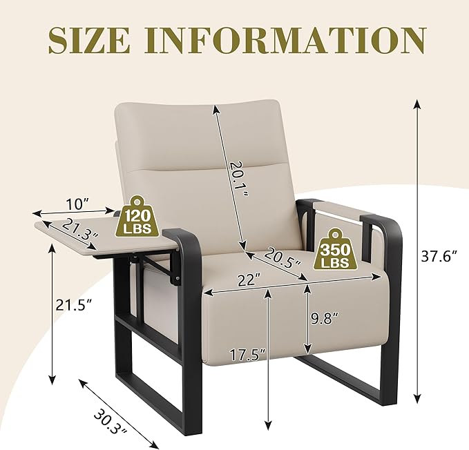 Modern PU Leather Accent Chairs Set of 2 Upholstered Armchairs with Tray Table Leisure Side Chairs for Living Room Bedroom Office Beige