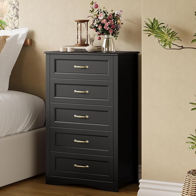 Gizoon 5 Drawer Dresser, Black Wood Chest of Drawers for Bedroom, 43.3" Large Capacity Storage Cabinet with Anti-Tip Device, for Clothes, Living Room, Hallway, Office