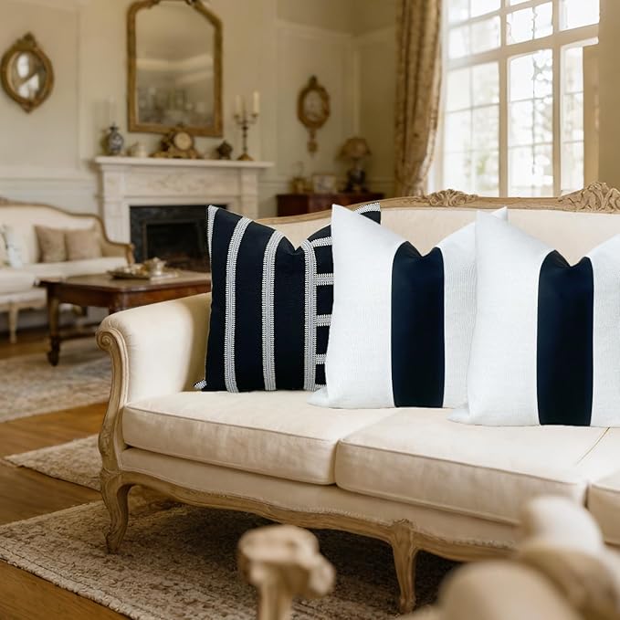 Slow Cow Black Faux Leather and Off White Linen Patchwork Throw Pillow Covers Stripe Cushion Covers 18 x 18 Inches