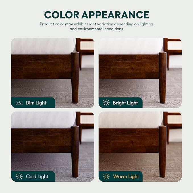 Bme Oliver King Bed Frame and Headboard - 15-Inch Signature Design with Rattan Headboard, Bohemian and Mid Century Style, 12-Slat Wood Support, No Box Spring Needed - Easy Assembly, Walnut