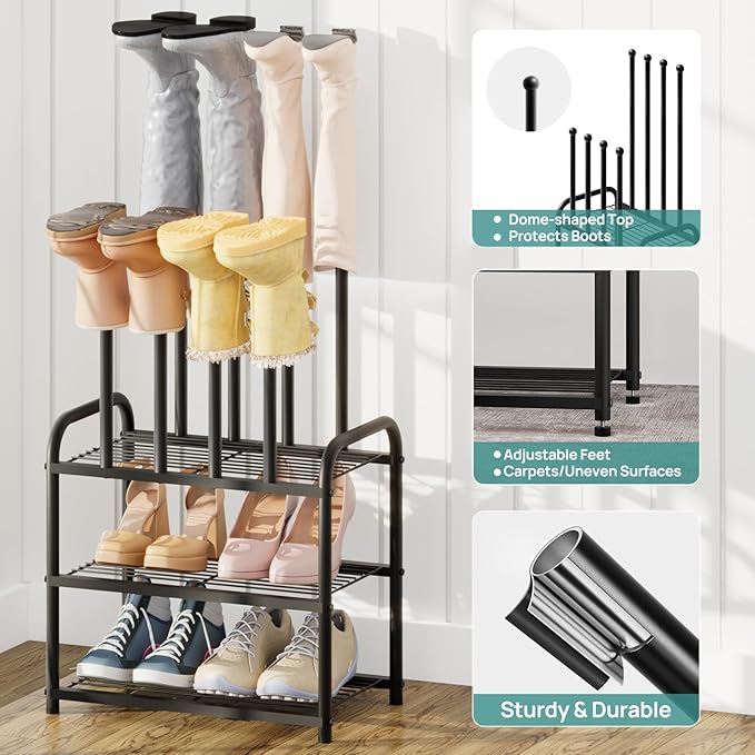 Black Boot Rack, Small Boot Rack Organizer, Tall Boots with Shoe Rack for Closet, Shoe Shelf Storage Organizer for Entryway Small Space