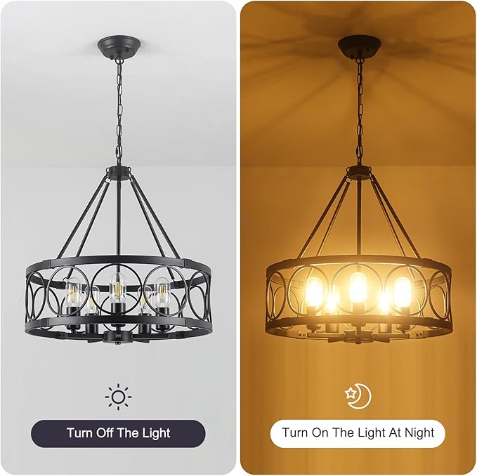 5-Light Farmhouse Chandelier for Dining Room Light Fixture,Modern Rustic Round Black Chandelier Over Table with Hanging Kitchen Drum Light Fixtures for Living Room Bedroom Entryway Foyer