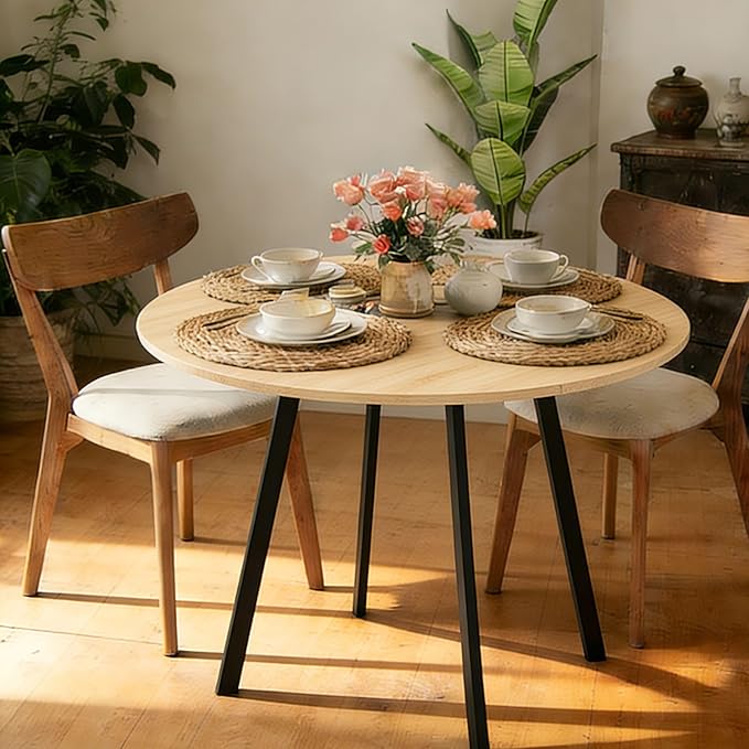 Karl home 35.4in Small Dining Table, Round Dining Table with Wood Finish Steel Legs, Circle Dinner Tables for Small Space, Apartment, Office, Kitchen, for 2 to 4 Person-Natural