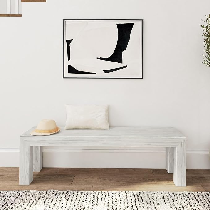 Plank+Beam 60 Inch Dining Bench for Dining Room, Bench for 72 Inch Table Kitchen Dining Seat, Wooden Outdoor Bench, Solid Wood Entryway Bench, White Sand Wirebrush