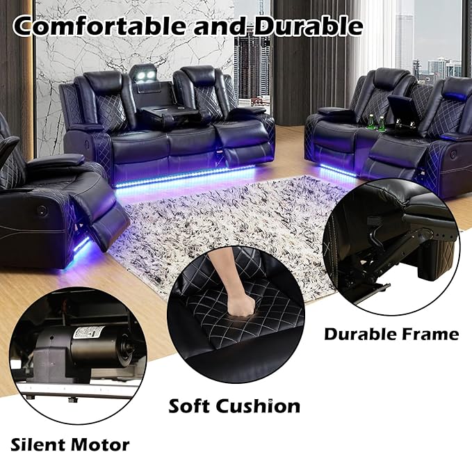 Leather Power Recliner Sofa Set with LED Light，Living Room Furniture Set, Leather Reclining Sofa Set with USB Port Storage Armrest(Loveseat, Black)