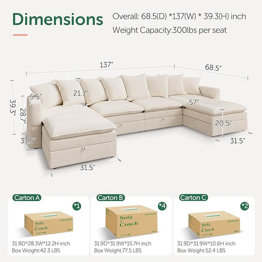 HONBAY Modular Sectional Sofa, 137 Inch U Shaped Corduroy Couch with Storage, Convertible Sectional Sofa with Deep Seat, Beige