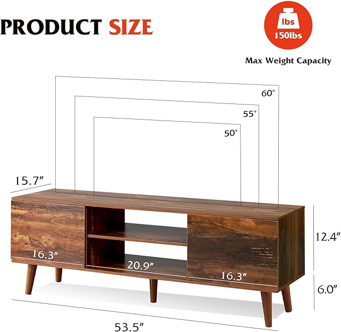 WLIVE Mid-Century Modern TV Stand for 55/60 Inch TV, Entertainment Center with Storage & Adjustable Shelves, Media Console with Soft-Close Cabinets for Living Room/Bedroom, Retro Brown
