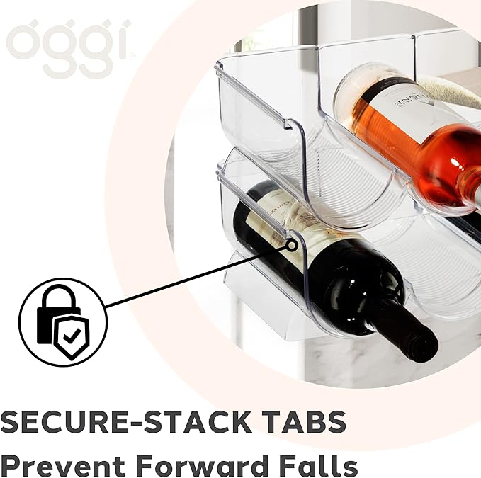 Oggi Bottle Rack for Wine, 6 Bottle Wine Storage - Stackable Wine Rack, Secure Stack Tabs. Water Bottle Storage, Wine Bottle Holder for Kitchen, Cabinet, Fridge - Each Rack Holds 3 Bottles, 2 Pack