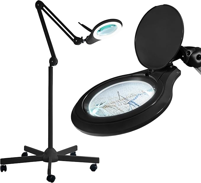 Neatfi LED Magnifying Floor Lamp 1,200 Lumens – 5” Bifocal Glass Lens, Dual Magnification 2.25X + 6X, Dimmable Task Light | Adjustable Arm, Rolling Base | Reading, Crafting & Sewing (Black, 5 Inches)