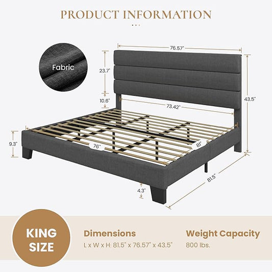 SHA CERLIN King Platform Bed Frame with Upholstered Fabric Headboard, Mattress Foundation with Strong Wooden Slats Support, No Box Spring Needed, Grey