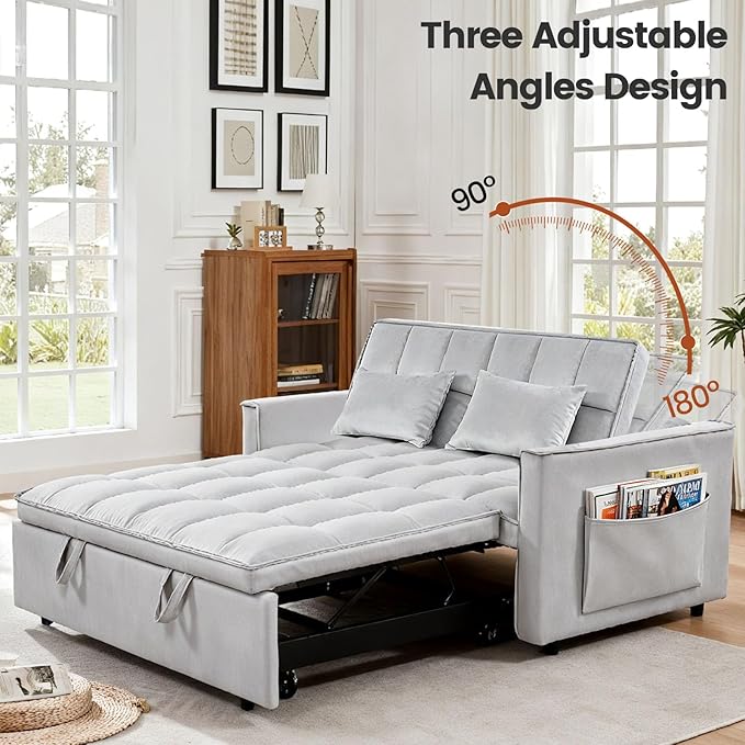 3 in 1 Convertible Sofa Bed, Love Seat Sleeper Bed with Side Pockets, Velvet Fabric Pull Out Couch with Adjustable Backrest for Living Room, Bedroom, Apartment, Gray