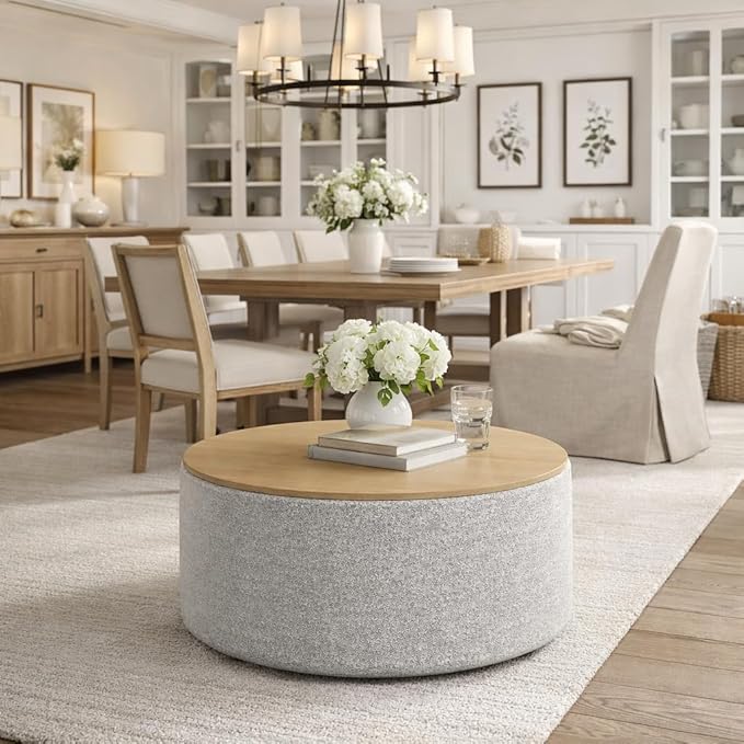 HomePop Modern Fabric Storage Ottoman with Wood Grain Laminate Top -White Cream Boucle with Gray Yarn