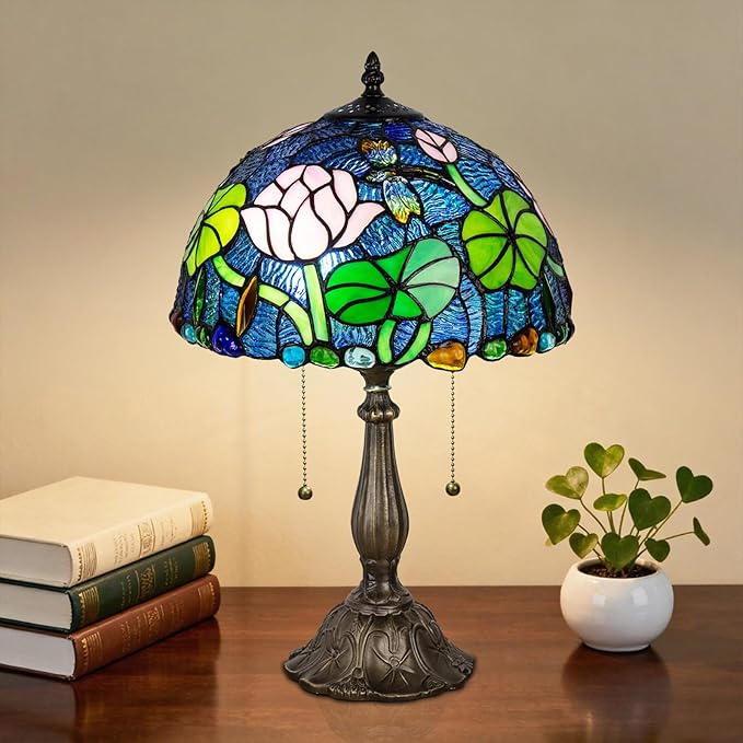 Tiffany Table Lamp, Flower Stained Glass Lamp,12 Inch Tiffany Style Lamp for Bedroom Living Room Home, Handcrafted Light, Included Bulb