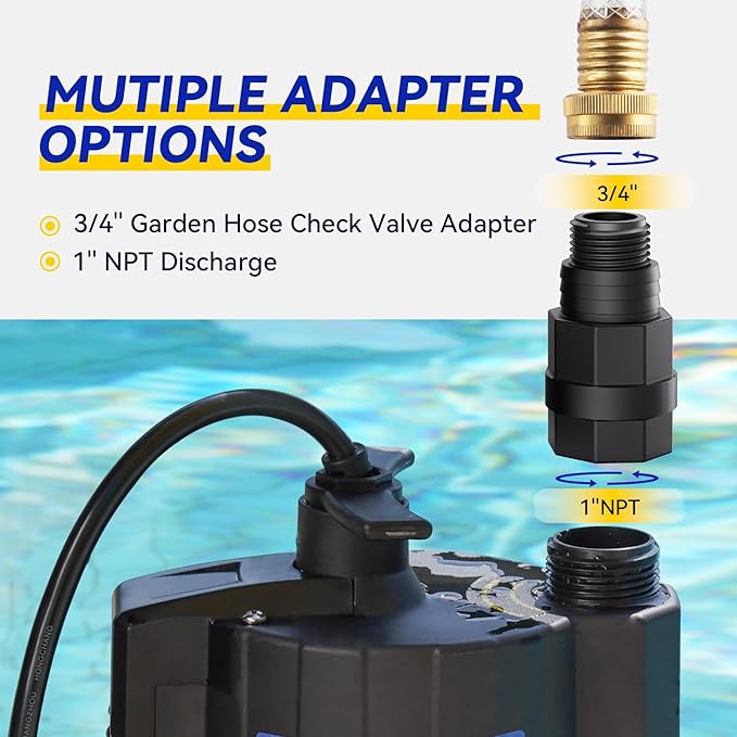 Acquaer 1/4 HP Automatic Submersible Water Pump, 115V Sump Pump with 3/4” Garden Hose Adapter, 1980 GPH High Flow Water Removal for Swimming Pool Cover Hot Tubs Flooded House Basement