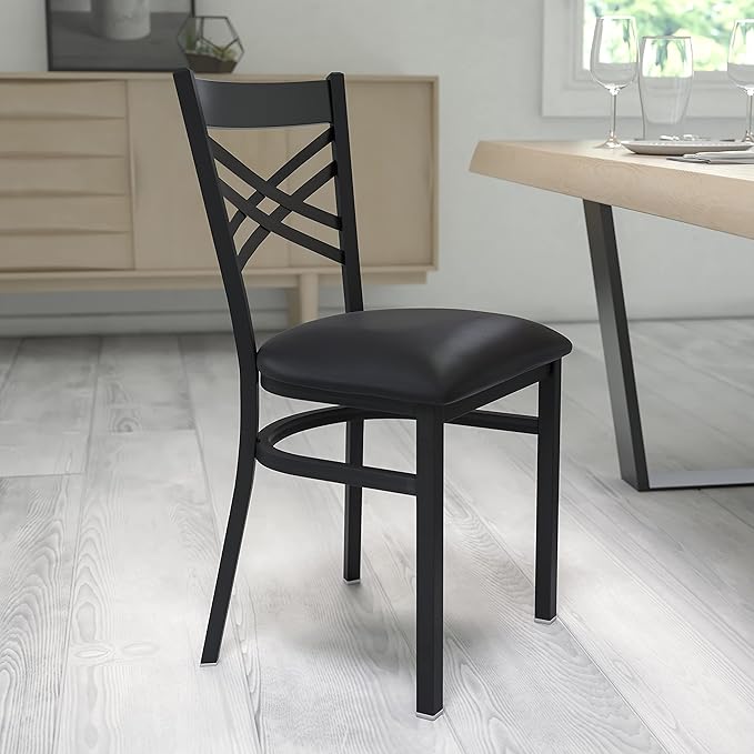 Flash Furniture Hercules Series "X" Back Metal Restaurant Chair, Modern Upholstered Armless Dining Chair for Restaurants and Kitchens, Black