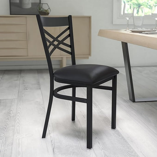 Flash Furniture Hercules Series "X" Back Metal Restaurant Chair, Modern Upholstered Armless Dining Chair for Restaurants and Kitchens, Black