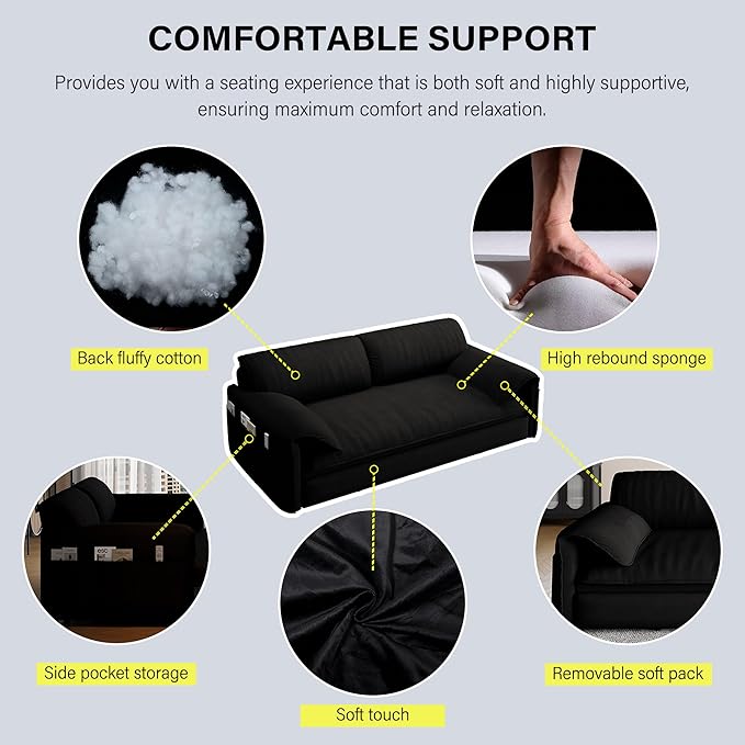 Eafurn 66" Convertible Sofa Bed Queen Size, 3-in-1 Pull Out Sleeper Couch Sofabed, Modern Velvet Loveseat Chaise Lounge w/Side Storage Pocket for Living Room Office | Removable Cushions