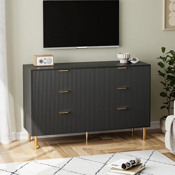 IDEALHOUSE Black Dresser, Modern 6 Drawer Dresser for Bedroom with Gold Handle and Large Drawer, Wood Double Chest of Drawers and Storage Organizer for Living Room, Hallway, Entryway
