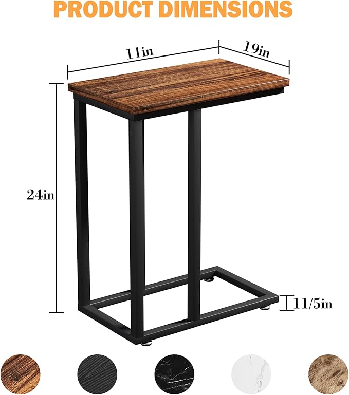 VECELO Universal C-Shaped Side Table, Multi-Functional Snack & TV Tray for Living Room, Bedroom, Brown (1 Set)