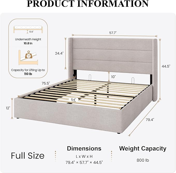 SHA CERLIN Full Size Lift Up Storage Bed/Modern Wingback Headboard/Upholstered Platform Bed Frame/Hydraulic Storage/No Box Spring Needed/Wood Slats Support/Light Beige