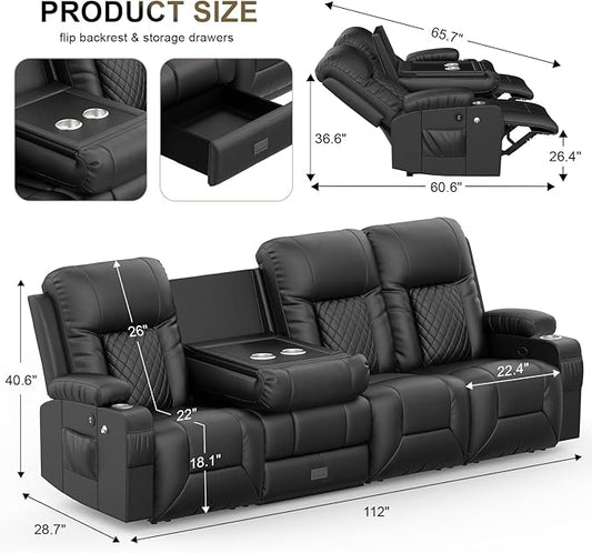 YONISEE 4 Seat Recliner Sofa with Flip Backrest Design, Loveseat Reclining Sofa with Storage Drawer, USB Ports, 2 Cell Phone Holder, Loveseat Recliner Couch for Living Room