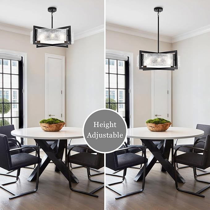 ALISADABOY Black Chandeliers for Dining Room Modern 23.62’’ Inch Large Chandeliers with Glass Shade Farmhouse 6 Light Drum Chandelier Light Fixture for Kitchen Island Hallway Entryway Living Room