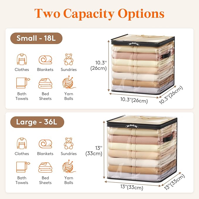 Lifewit 4 Pack Clear Clothes Storage Bags, 13 Inch Clear Cube Storage Bins, 36L Vinyl Foldable Moving Bags with Zipper, Storage Container for Sweater Sheets Yarns