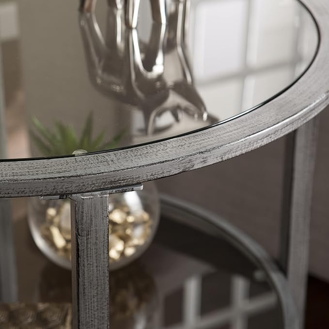 SEI Furniture Jaymes 24" Round Metal & Glass 2-Tier, End Table, Silver/Black Distressing