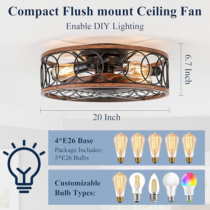 NORFOLK Farmhouse Ceiling Fans with Lights and Remote, 20'' Low Profile Caged Lighting with Bladeless Fan, Rustic Flush Mount with E26 Bulb Base for Bedroom, Living Room, Patios