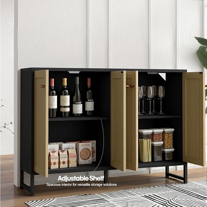 Panana Sideboard Accent Storage Cabinet with Rattan Decorated 4 Doors Dining Room Freestanding Kitchen Buffet Table Cupboard (Black)