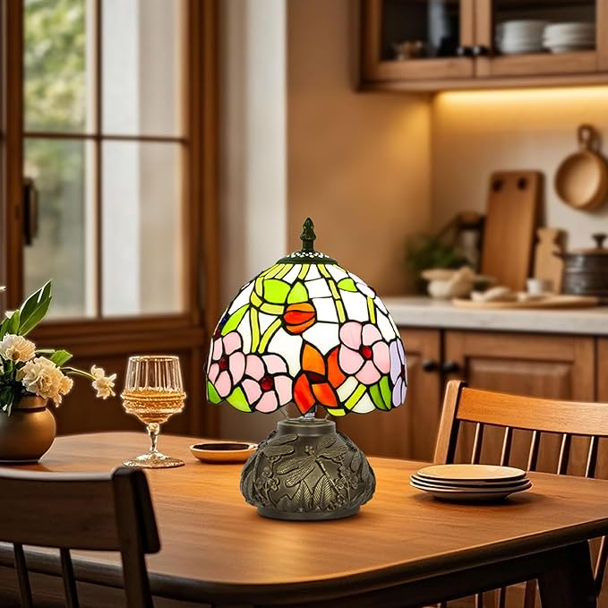 Small Tiffany Table Lamp,Stained Glass Lamp,8 Inch Mushroom Style Mini Vintage Desk Lights for Bedside, Bedroom,Nightstand,Living Room,3 Color Temperature (Four Leaf Flowers)