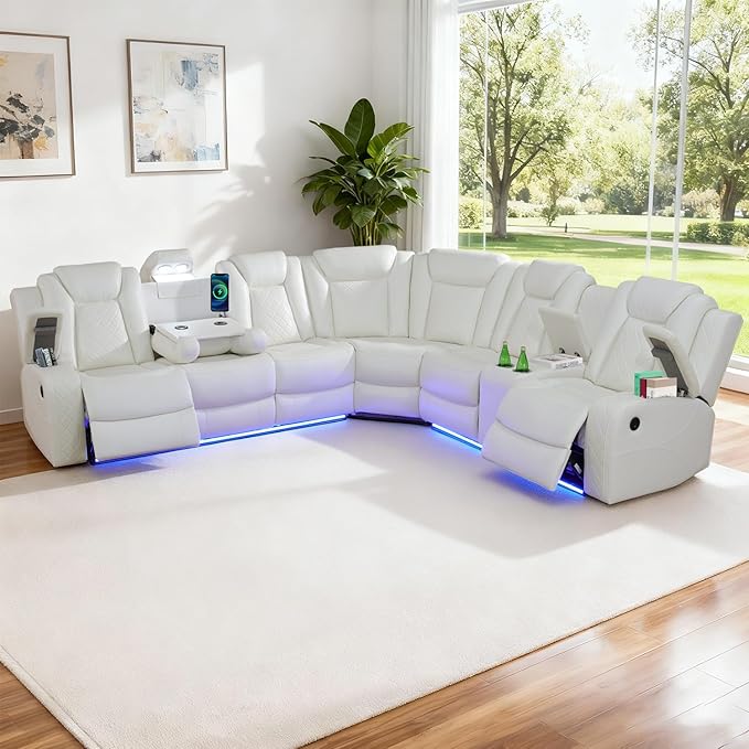 Leather Power Recliner Sectional Sofa with LED Light,L Shaped Leather Couch with 2 Recliner Seats，Modular Corner Sofa with Storage Console/Coffee Table for Living Room(White, Sectional)