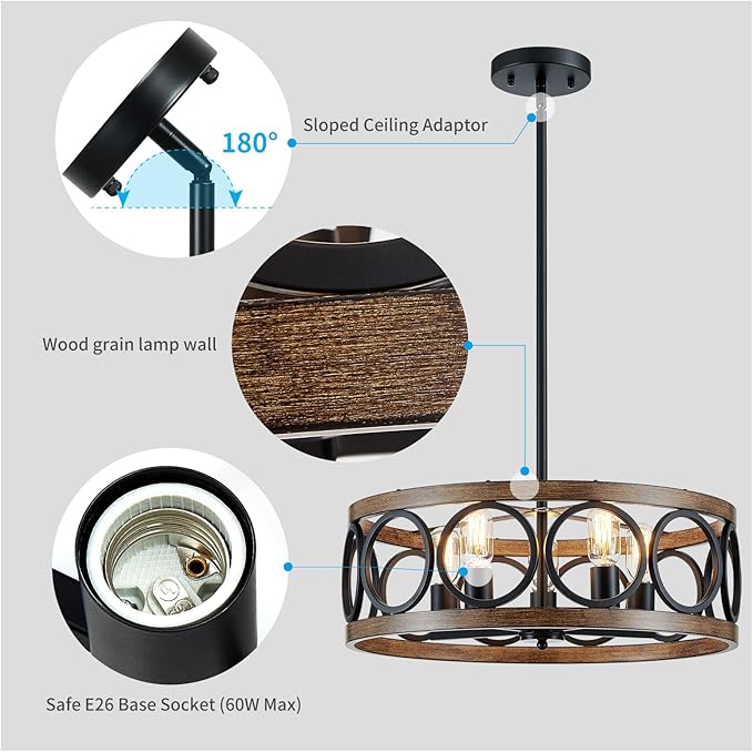 XINGQI Modern Farmhouse Chandelier 5 Lights Black Wood Grain Dining Room Pendant Lighting Fixture 21.7" Drum Chandelier for Living Room Entryway Bedroom