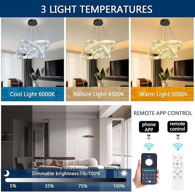 24''+16''+8'' Modern Ring Chandelier Crystal Chandeliers for Dining Room Round LED Dimmable Ceiling Light Fixture for Living Room Bedroom Lighting Black