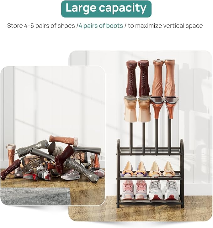 Black Boot Rack, Small Boot Rack Organizer, Tall Boots with Shoe Rack for Closet, Shoe Shelf Storage Organizer for Entryway Small Space