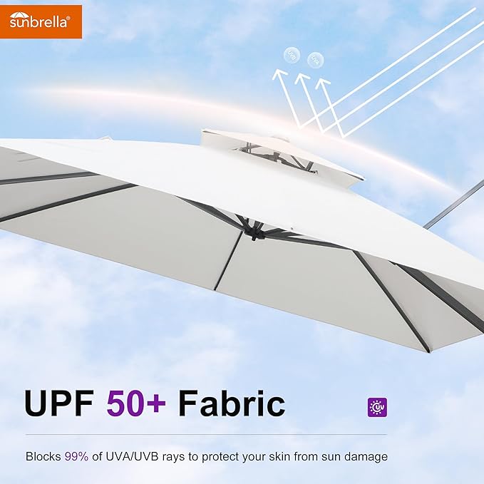 PURPLE LEAF Sunbrella Cantilever Umbrella 10FT Heavy Duty Outdoor Large Double Top Offset Hanging 360° Rotation Square Patio Umbrella for Garden Deck Pool Backyard Canvas Natural