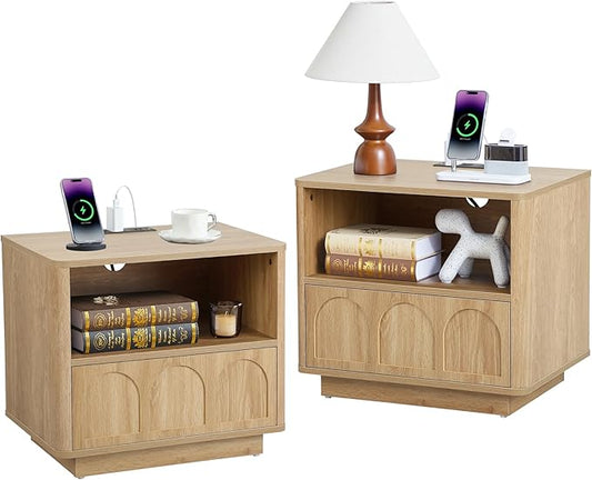 Small Nightstand Set of 2 with Charging Station, Accent Bedside Nightstand with Drawer, Mid Century Modern Bedroom Side Bed Table with Storage for Dorm, Living Room, Couch, Office - Natural