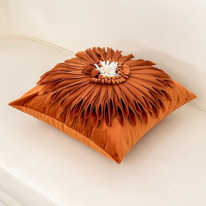 Alerfa 3D Flower Handmade Throw Pillow Cover Decorative Orange Velvet Pillowcase Cushion Cover with Hidden Zipper for Couch Bed Living Room Home Decor 18 x 18 Inches
